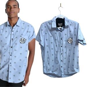 Dragon Ball Z Button Down Shirt Blue Cotton Anime Goku Kanji Patch Men’s M